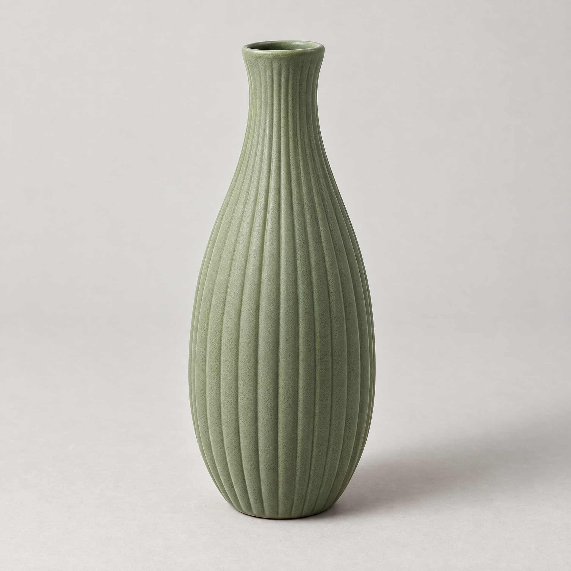 AI-generated concept image of an empty tall muted-sage ribbed decorative vase