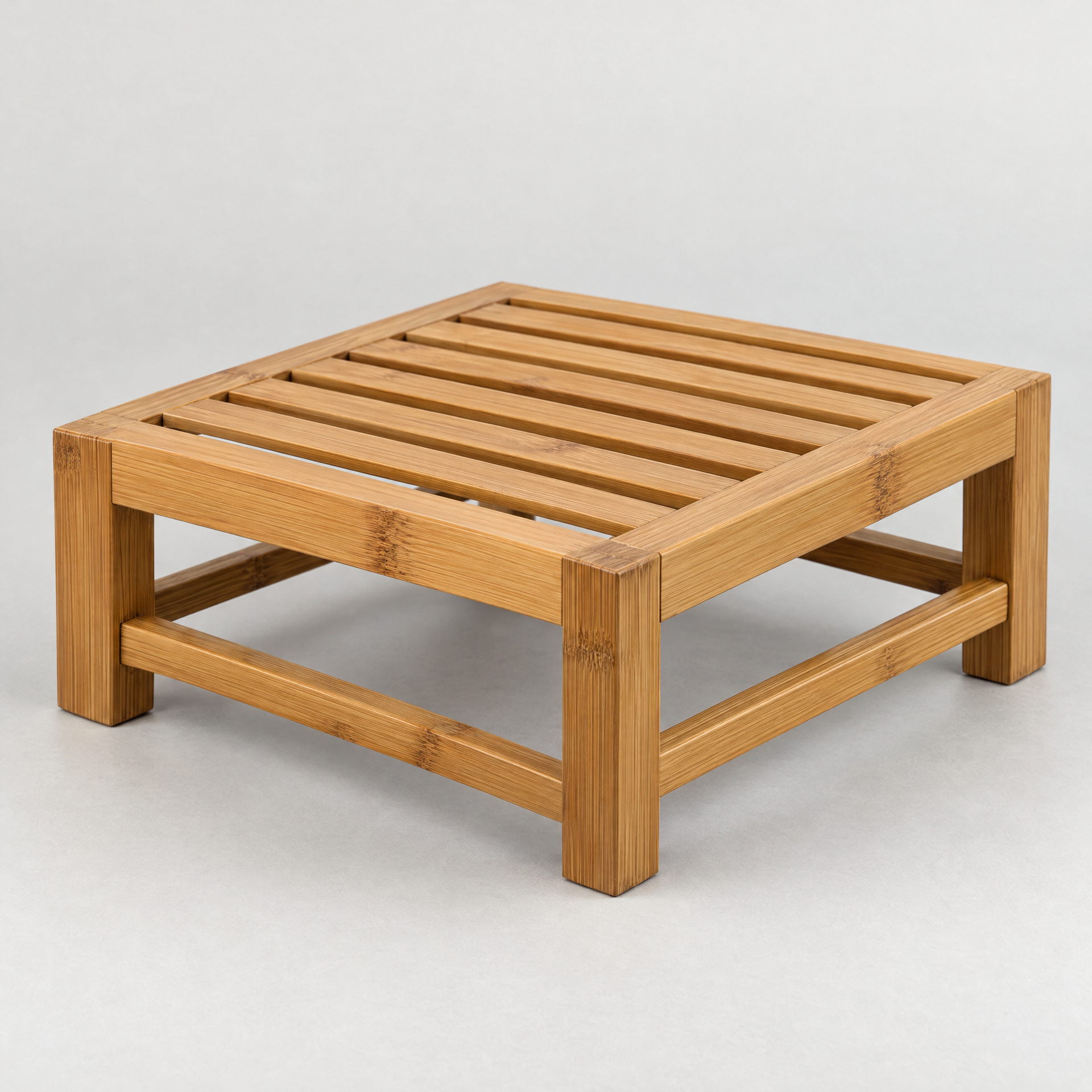 AI-generated concept image of an empty low slatted natural-tone decorative display riser